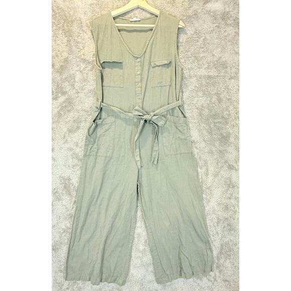 The Shanty Flax Linen Sage Green Jumpsuit Romer Tie Waist Utility L Large - Picture 3 of 11